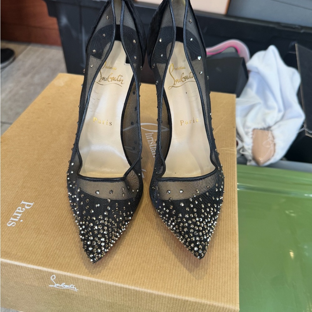 Christian Louboutin Black Stiletto Heels with Crystal Embellishments